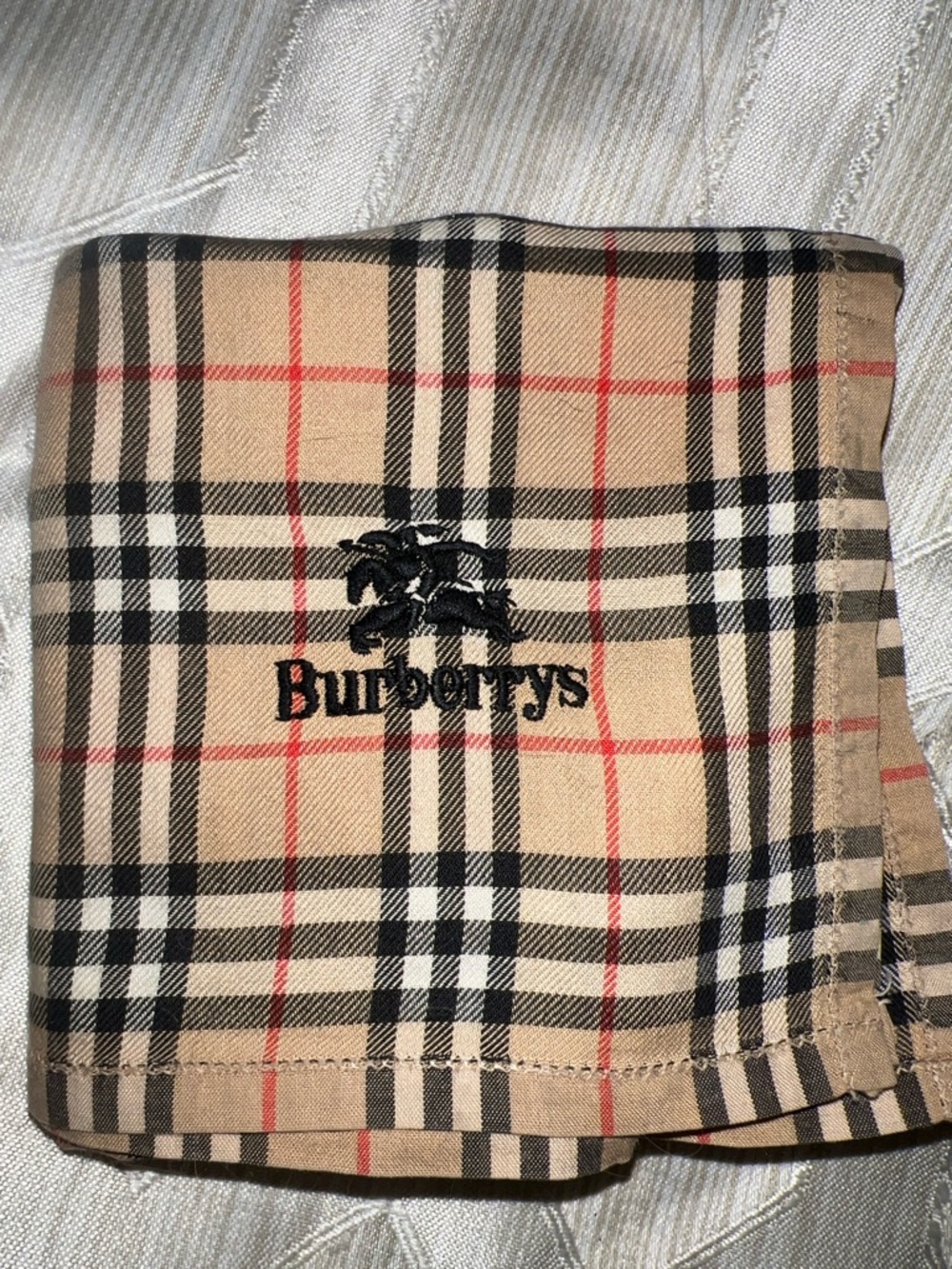 Burberry Tan Plaid Twilly with Black, Red and White Stripes